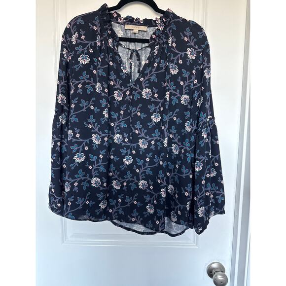 Loft Floral Print Tie Neck Blouse, XL - Picture 1 of 5